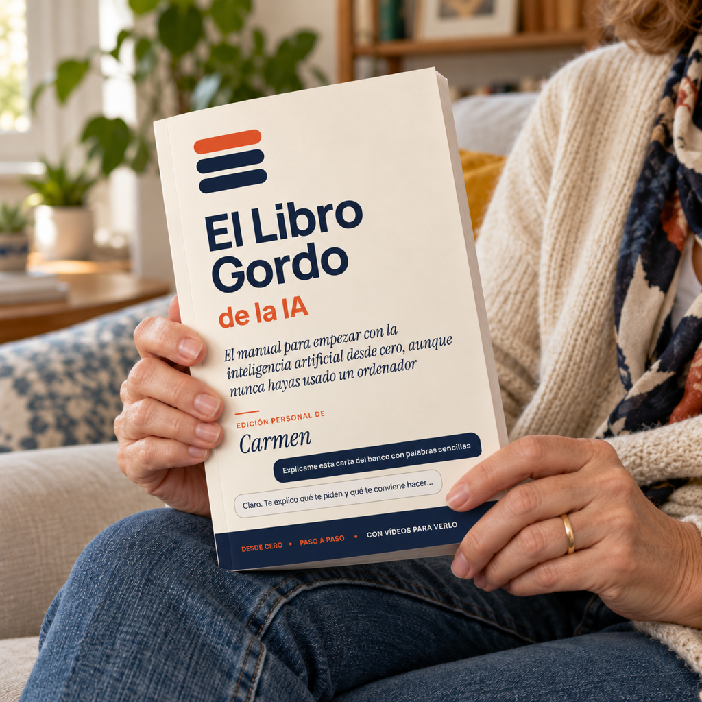 Una lectora sujeta El Libro Gordo de la IA con su nombre en la portada
