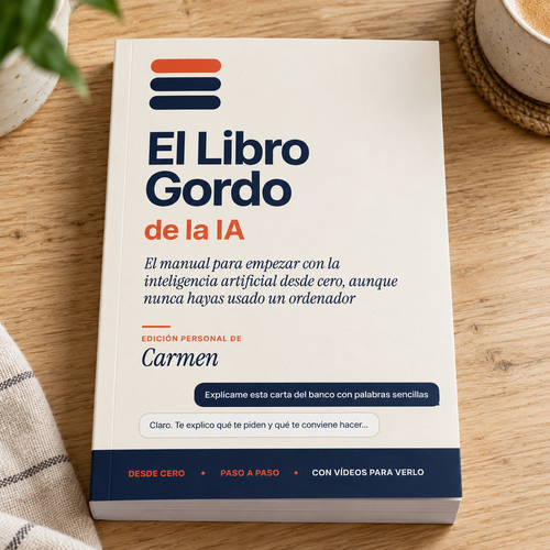Portada de El Libro Gordo de la IA, el manual para empezar con la inteligencia artificial desde cero, con el nombre del lector