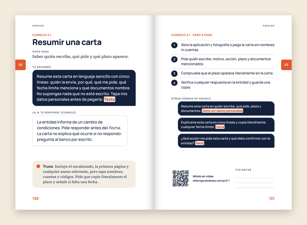 Doble página real del libro: el consejo 2.1, resumir una carta, con la frase para copiar, la respuesta de la IA, un truco y el paso a paso