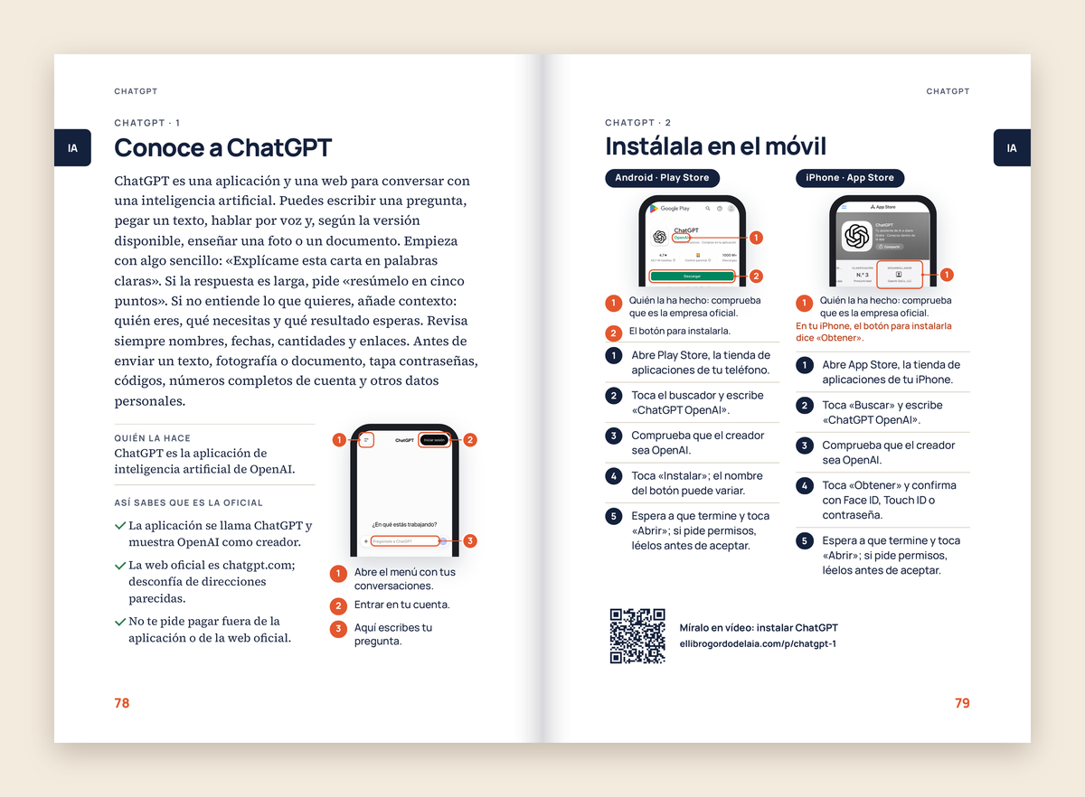 Doble página del libro: conocer e instalar ChatGPT, con capturas reales señaladas