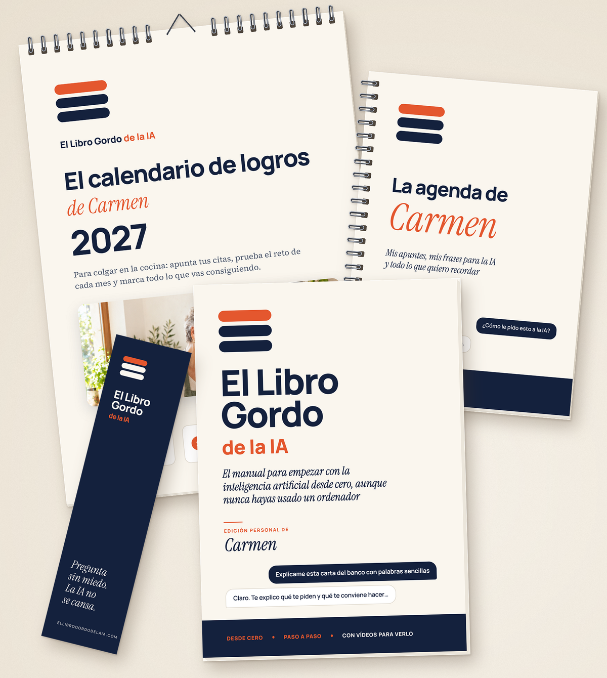 El pack completo: el libro con tu nombre, el calendario de logros, la agenda de notas en espiral con tu nombre y el punto de libro