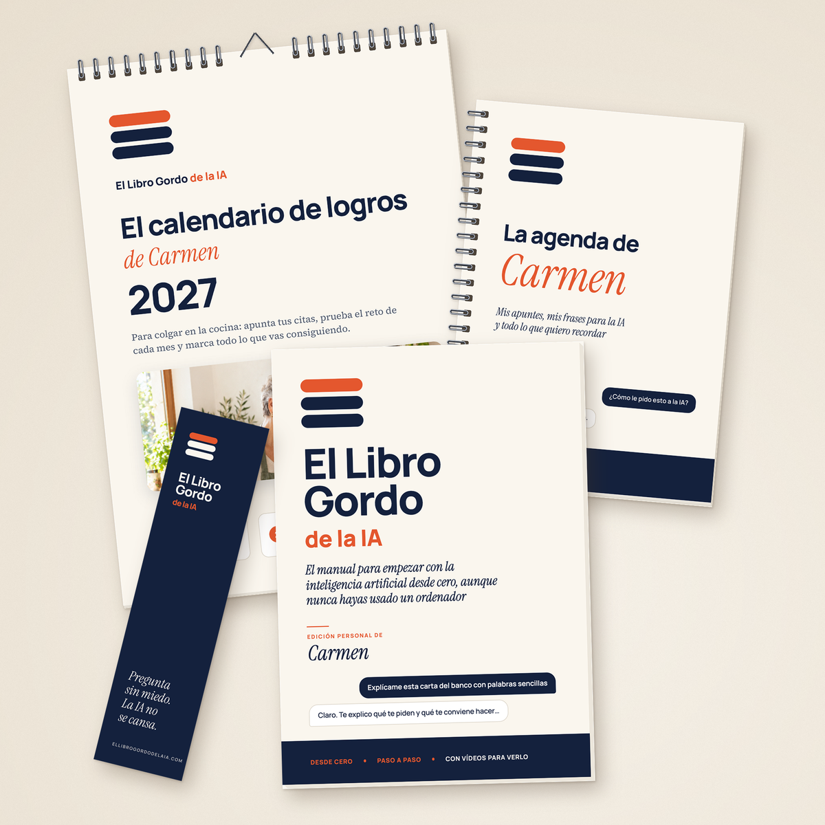 El pack completo: El Libro Gordo de la IA con tu nombre, el calendario de logros, la agenda de notas en espiral con tu nombre y el punto de libro