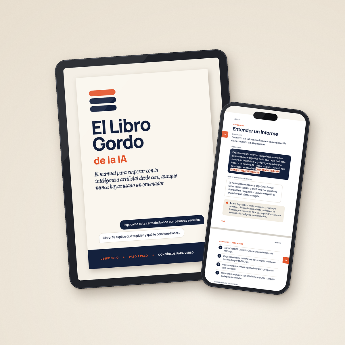 El Libro Gordo de la IA en PDF: la portada en una tableta y una página por dentro en el móvil