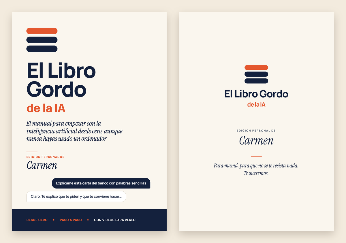 La portada con el nombre del lector y la primera página con su dedicatoria